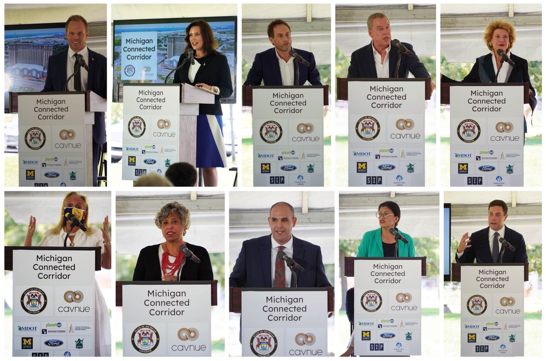 Michigan Connected Corridor launch: Governor Whitmer, Bill Ford, Senator Stabenow and Representative Tlaib at the branded podium