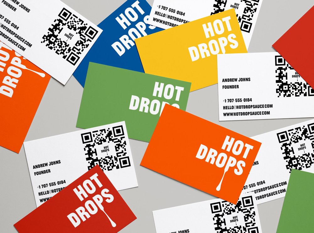 Hot Drops business cards, one colour per flavour