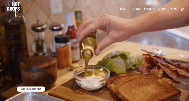 Hot Drops website hero, animated pour