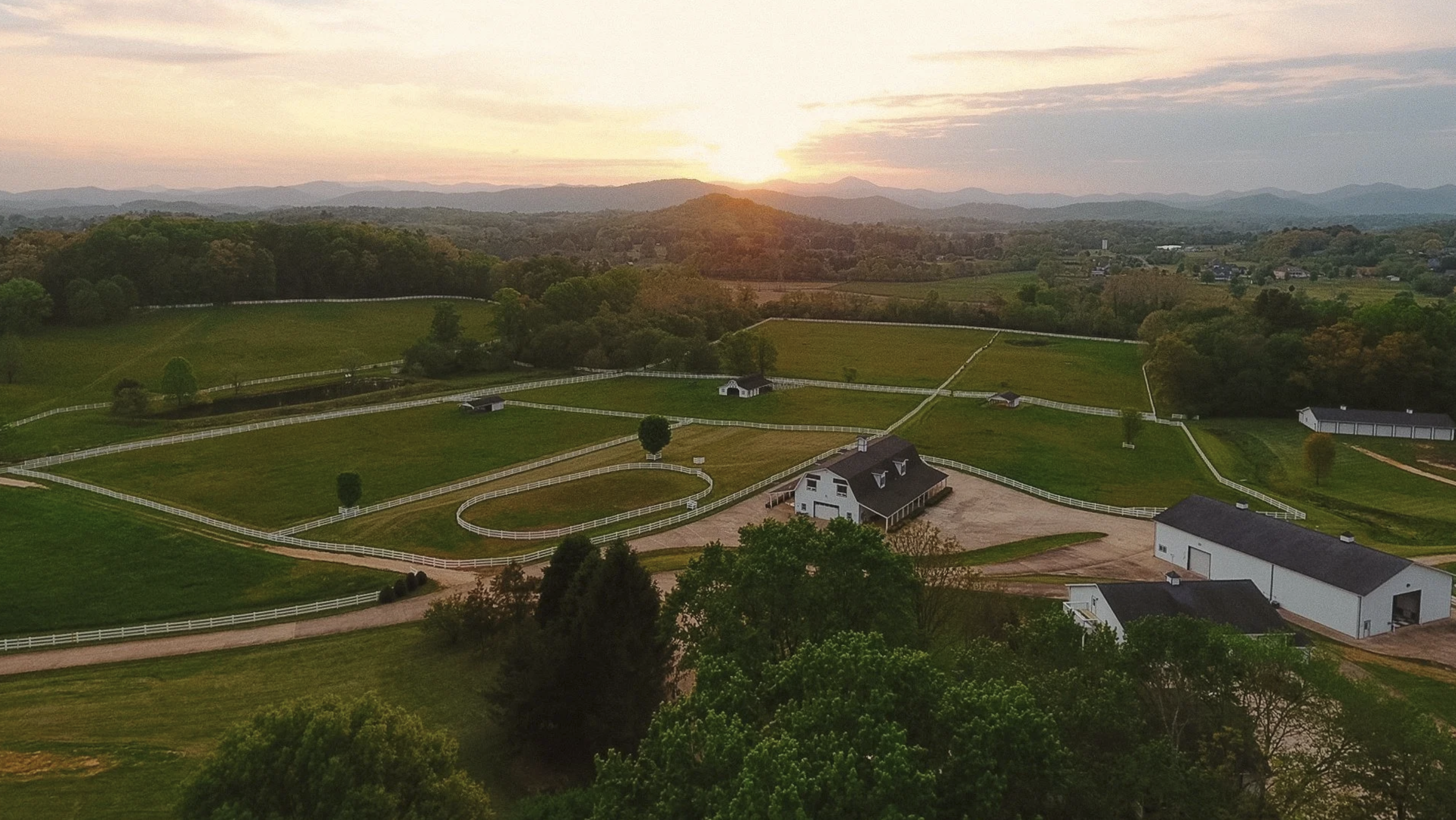 Aerial view of the farm at sunset