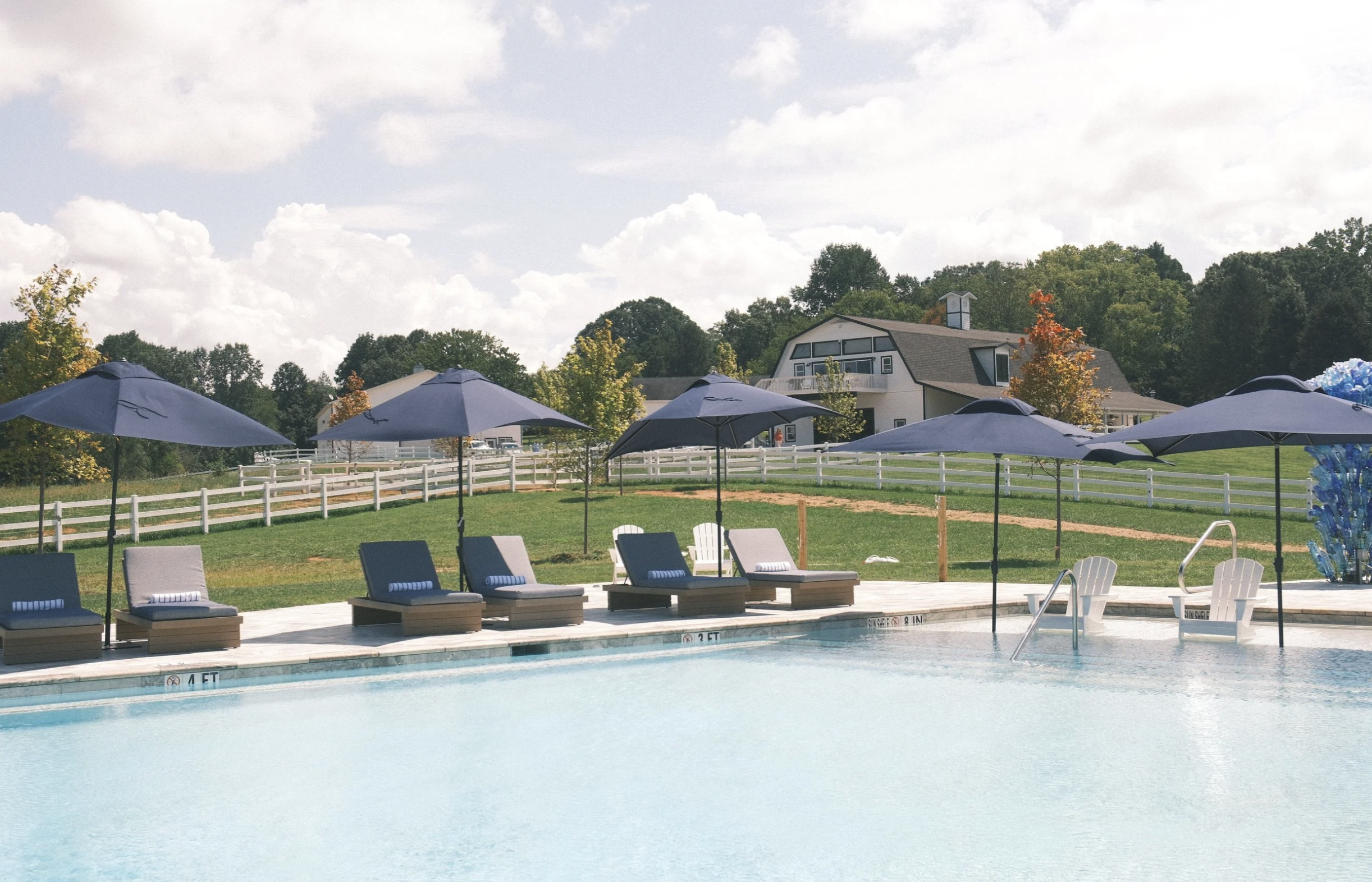 Navy umbrellas around the pool