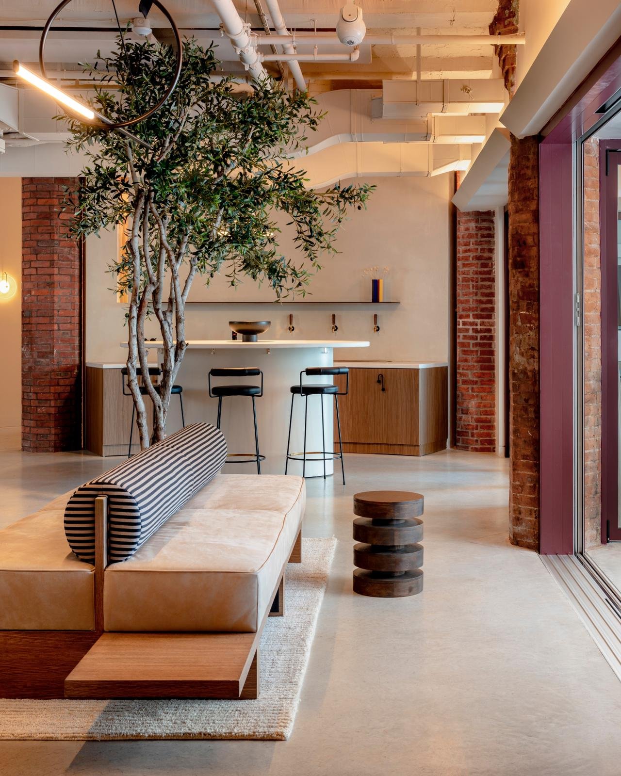 Office lounge with olive tree and bar