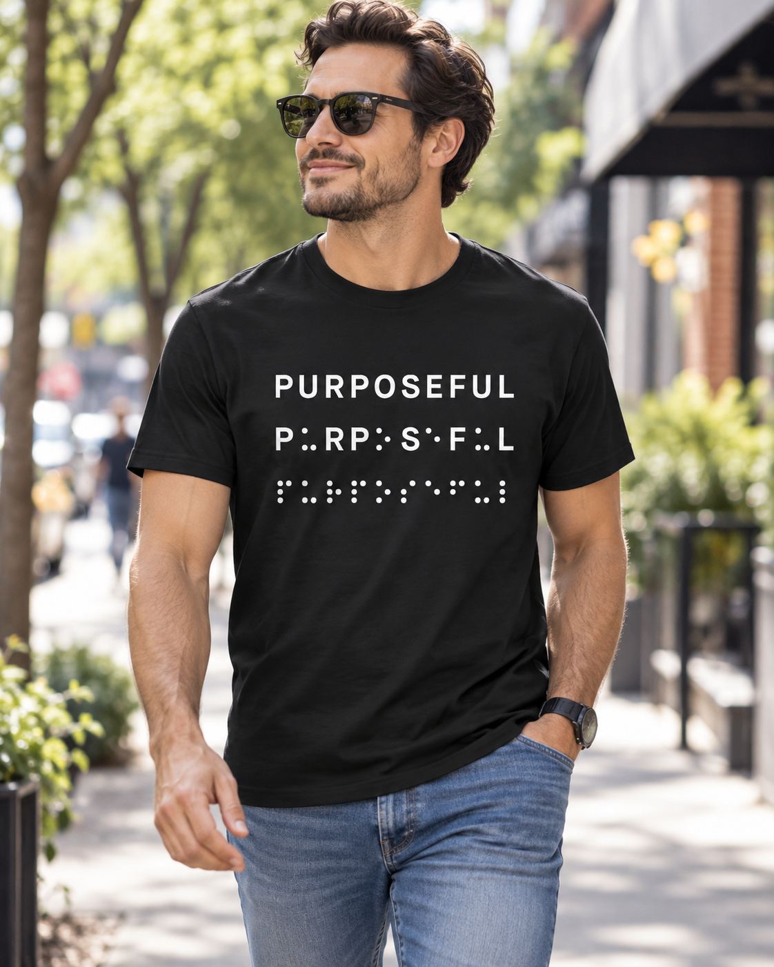 Black T-shirt reading PURPOSEFUL, shifting letter by letter into braille