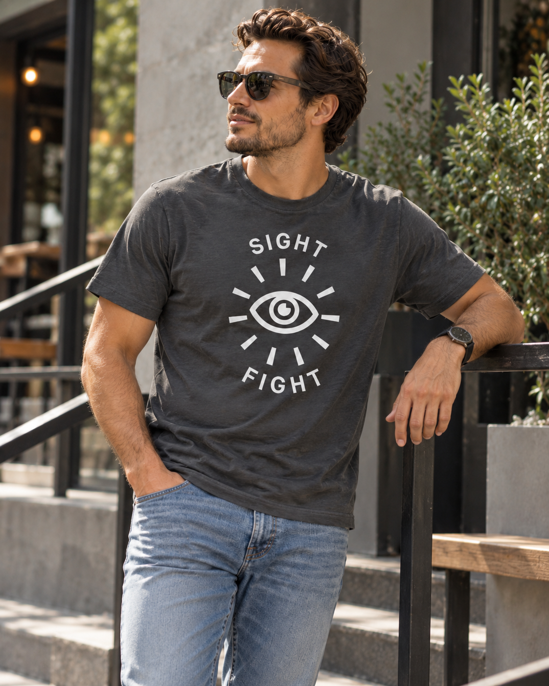 Charcoal T-shirt with an eye graphic between SIGHT and FIGHT
