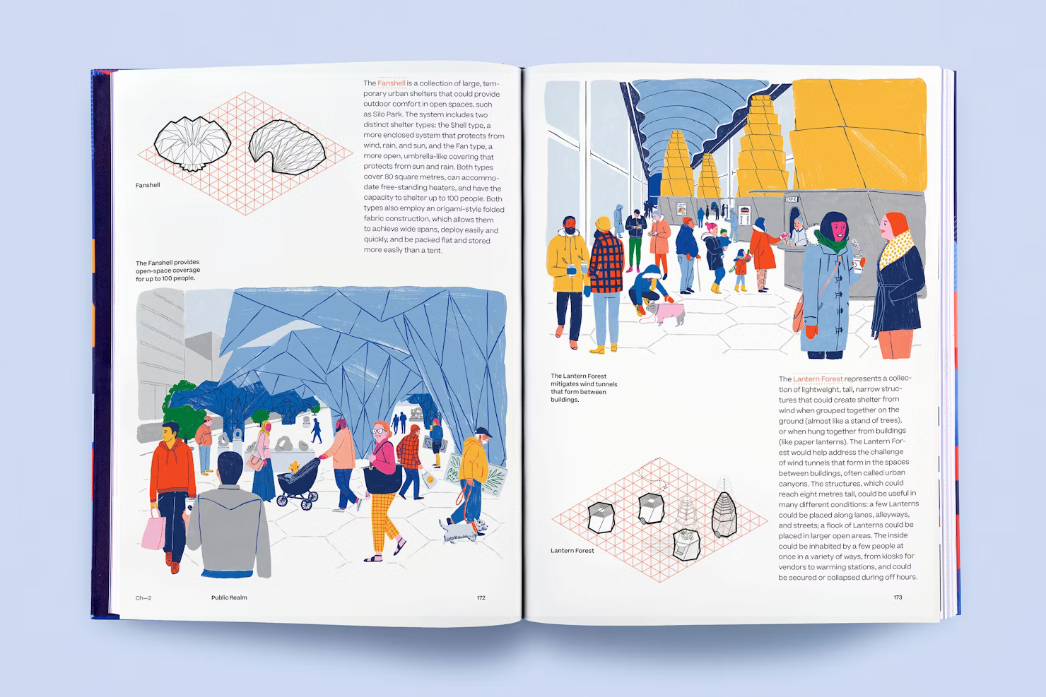 Public realm spread, Fanshell and Lantern Forest structures